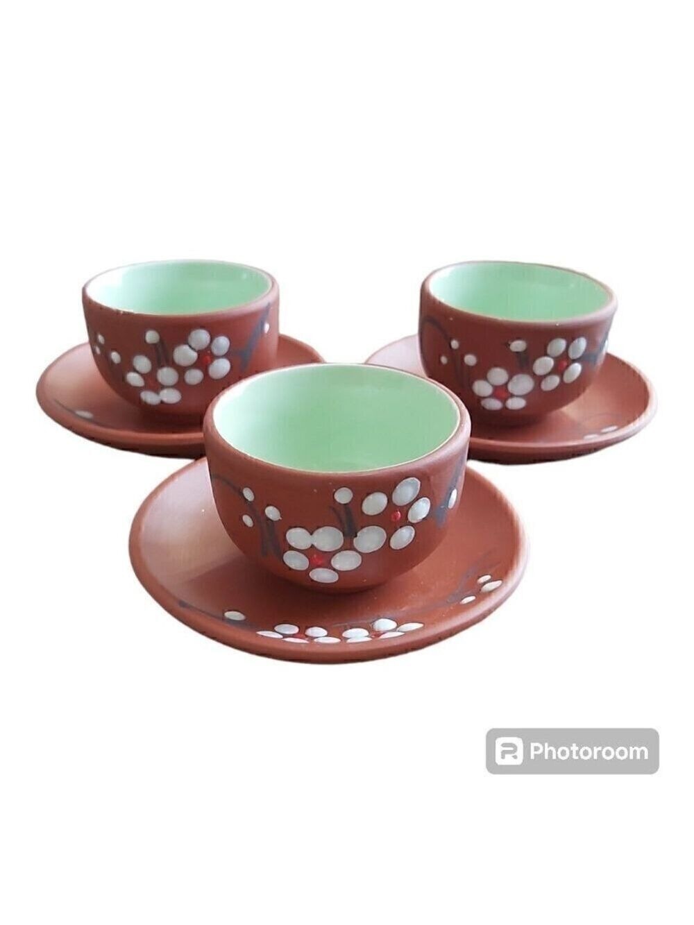 Hand-Painted Ochoko Sake Set – Terracotta & Teal Plum Blossom Design - Set Of 3